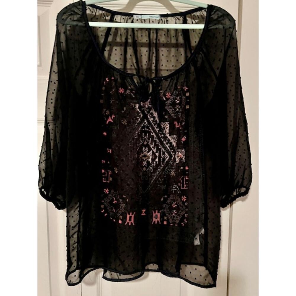 Maurices Sheer Black3/4 Sleeve Blouse Boho Design (Size L)